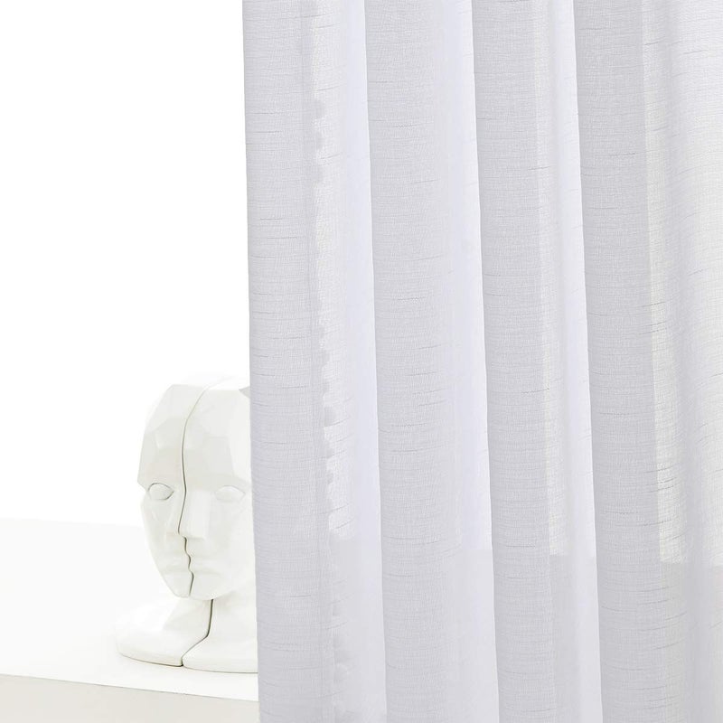 Treatmentex Pom-Pom Sheer White Curtains Extra Long 108-inch for Living Room, Slub Linen Textured White Sheer Window Drapes for Bedroom 2 Pack 52" w - Image 4